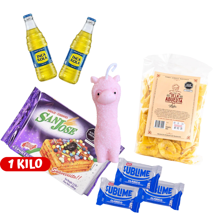 Pack Fiesta Perú: Dulce, Crocante y Burbujeante + vela con forma de alpaca 🦙